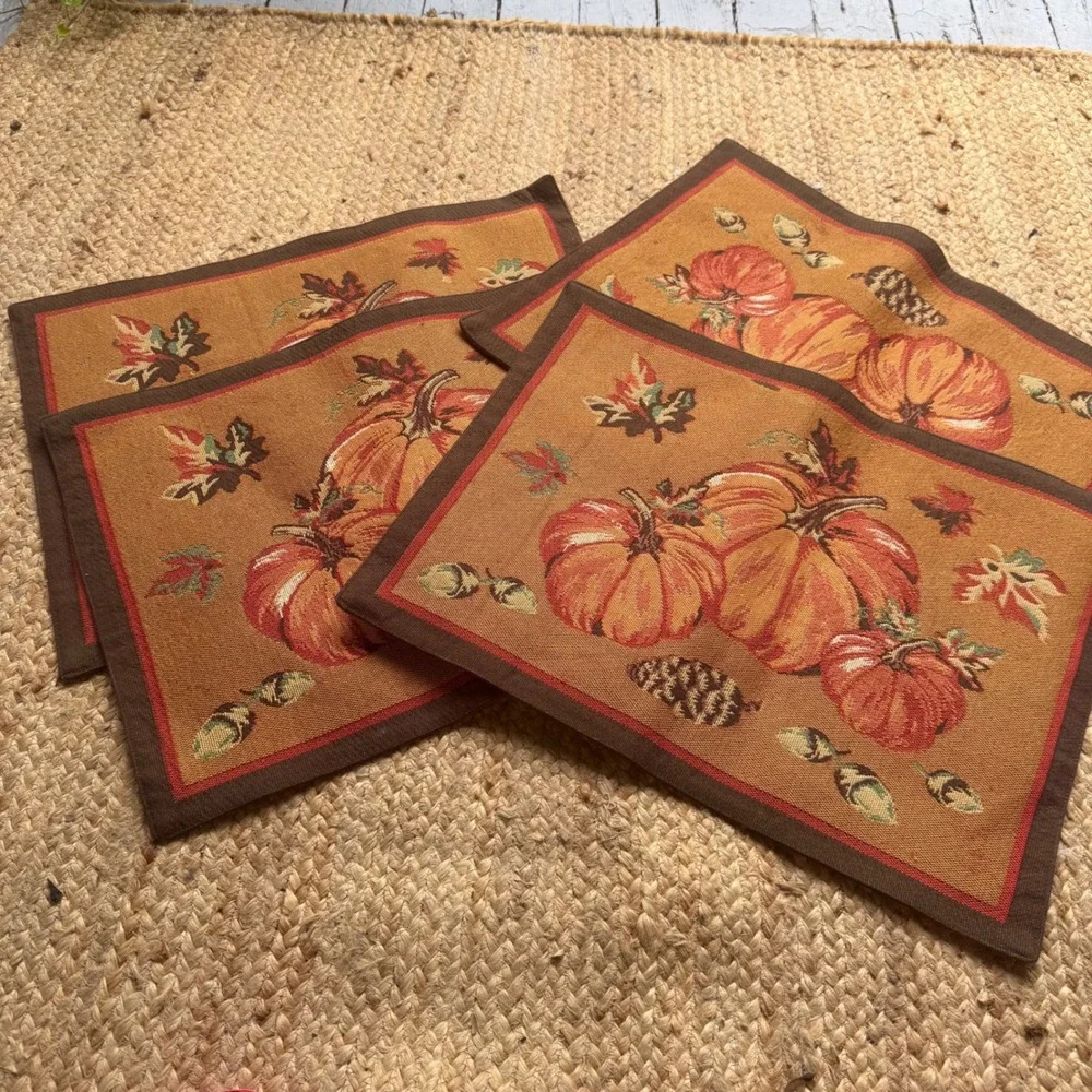 Set of 4 Harvest Pumpkin Tapestry Placemats Autumn Thanksgiving Decor Brown Fall